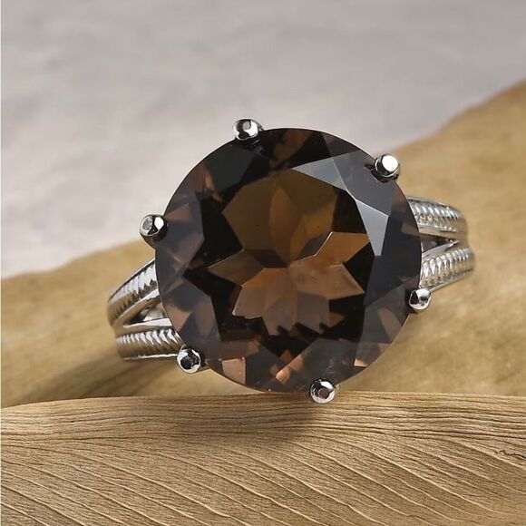 Faceted Brazilian Smoky Quartz 12.10 ctw Solitaire Ring Size 7 New - Picture 2 of 6